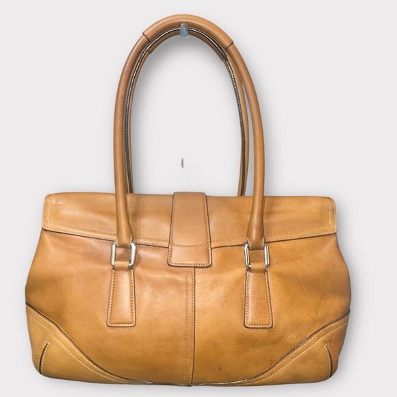 VTG Coach Soho Hampton Buckle Flap Satchel 9550 Tan Leather Nickel Y2K Bag - Picture 3 of 8